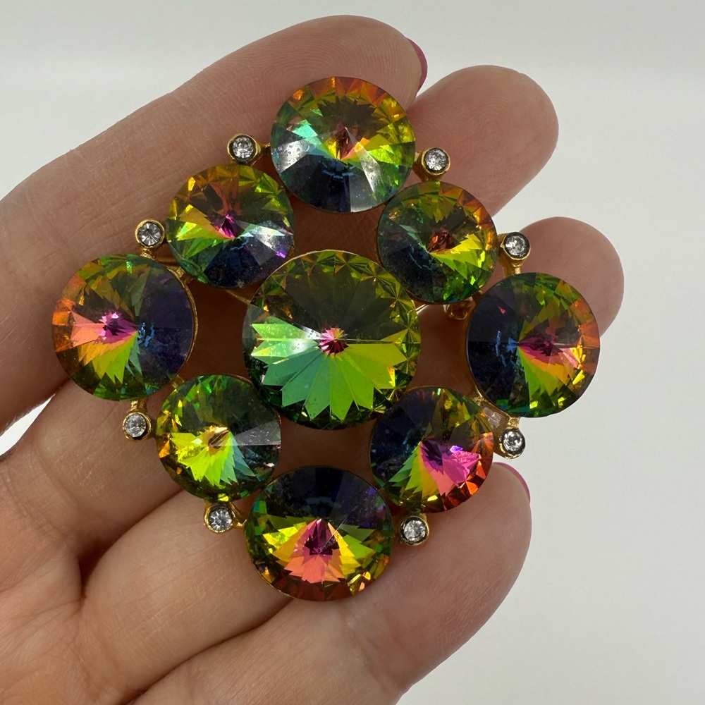 Weiss Green & Multi-Colored Rivoli Rhinestone Brooch Pin - Picture 2 of 6
